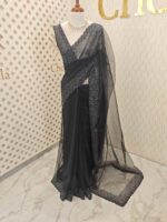 Net saree with cut beads and sequence floral work on border - Image 12