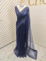 Net saree with cut beads and sequence floral work on border - Image 15