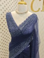 Net saree with cut beads and sequence floral work on border - Image 13