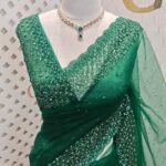 Net saree with cut beads and sequence floral work on border