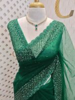 Net saree with cut beads and sequence floral work on border