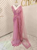Net saree with cut beads and sequence floral work on border - Image 9