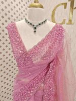 Net saree with cut beads and sequence floral work on border - Image 7