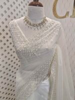 Net saree with cut beads and sequence floral work on border - Image 16