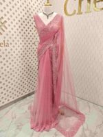 Net saree with cut beads and sequence floral work on border - Image 6
