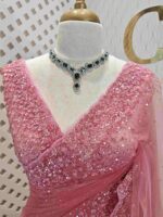 Net saree with cut beads and sequence floral work on border - Image 5