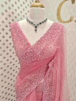 Net saree with cut beads and sequence floral work on border - Image 4