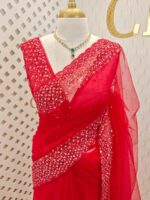 Net saree with cut beads and sequence floral work on border - Image 19