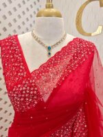 Net saree with cut beads and sequence floral work on border - Image 20