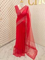 Net saree with cut beads and sequence floral work on border - Image 21