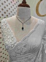 Organza with foil like embossed floral design and scallop border - Image 3