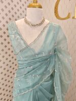 Organza with peal work scalped border with veins and flower design - Image 23