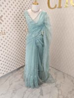 Organza with peal work scalped border with veins and flower design - Image 25