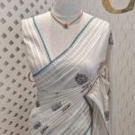 Jute silk with three flowers and leaf embroidery