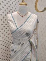 Jute silk with three flowers and leaf embroidery