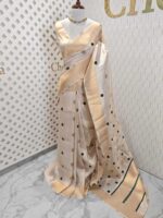 Kerala saree with polka dots and small diamond shape on border - Image 10