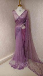 Net saree with sequence, stones small floral pattern and scallop border - Image 43
