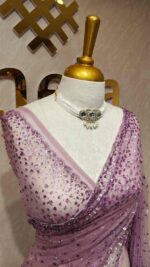 Net saree with sequence, stones small floral pattern and scallop border - Image 42