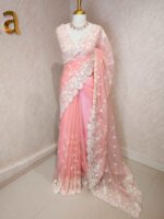 Organza with small floral work and pearl, thread embroidery scallop border - Image 12