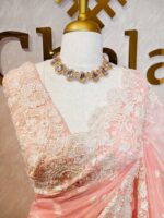Organza with small floral work and pearl, thread embroidery scallop border - Image 11