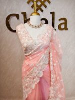 Organza with small floral work and pearl, thread embroidery scallop border - Image 10