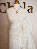 Organza with small floral work and pearl, thread embroidery scallop border - Image 7