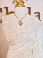 Organza with small floral work and pearl, thread embroidery scallop border - Image 8
