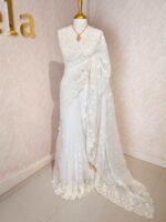 Organza with small floral work and pearl, thread embroidery scallop border - Image 9