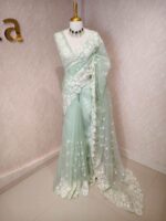 Organza with small floral work and pearl, thread embroidery scallop border - Image 6