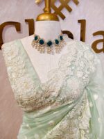 Organza with small floral work and pearl, thread embroidery scallop border - Image 5