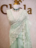 Organza with small floral work and pearl, thread embroidery scallop border - Image 4