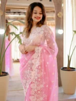Organza with small floral work and pearl, thread embroidery scallop border