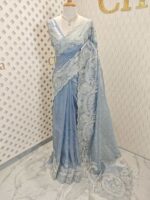 Tissue organza with pearls like embroidery floral work - Image 4