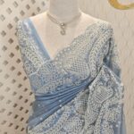 Tissue organza with pearls like embroidery floral work