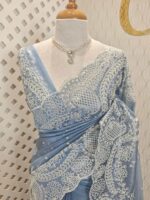 Tissue organza with pearls like embroidery floral work