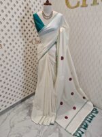 Kerala saree with polka dot and thread work blouse - Image 4