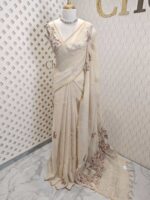 Linen with  hand embroidery garden motif stripes on pallu - Image 6