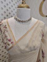 Linen with  hand embroidery garden motif stripes on pallu - Image 5