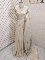 Linen with  hand embroidery garden motif stripes on pallu - Image 9
