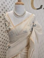 Linen with  hand embroidery garden motif stripes on pallu - Image 7