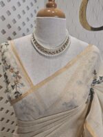 Linen with  hand embroidery garden motif stripes on pallu - Image 8