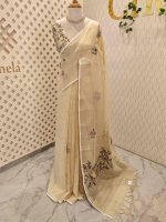 Linen with  hand embroidery garden motif stripes on pallu - Image 3