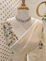 Linen with  hand embroidery garden motif stripes on pallu - Image 2
