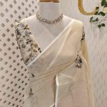Linen with  hand embroidery garden motif stripes on pallu