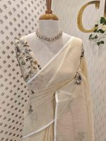 Linen with  hand embroidery garden motif stripes on pallu