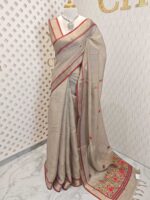 Linen with hand embroidered flower and leaves with fly stitches on boarder - Image 4