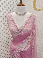 Net saree with small sugar beads floral and sequence floral design on border - Image 5