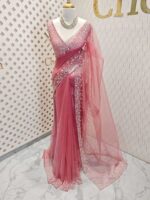 Net saree with small sugar beads floral and sequence floral design on border - Image 4