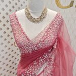 Net saree with small sugar beads floral and sequence floral design on border