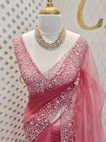 Net saree with small sugar beads floral and sequence floral design on border
